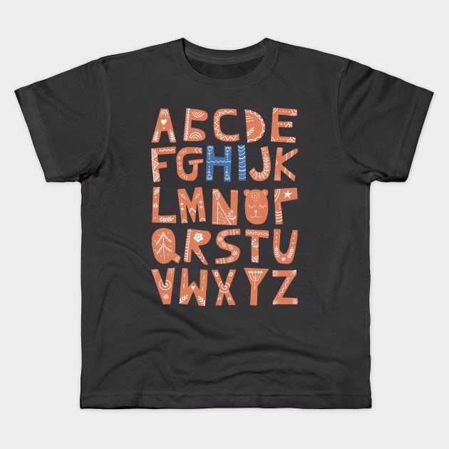 Alphabet says "Hi" (orange and blue) Kids T-Shirt by Ofeefee